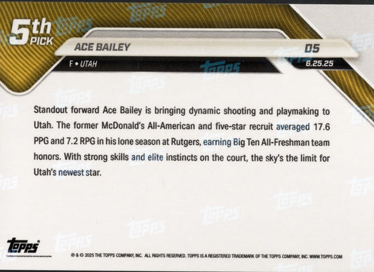 2025 Topps Now Ace Bailey #D5 Green Foil /99 Utah Jazz Rookie RC Basketball Card