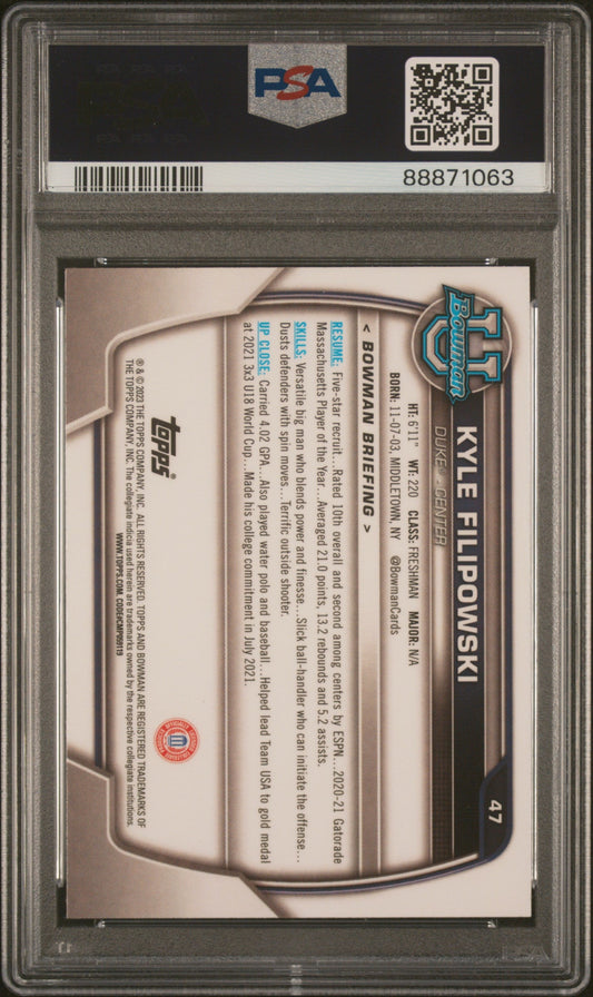 Graded 2022 Topps Bowman University Kyle Filipowski #47 Rookie RC Basketball Card PSA 10 Gem Mint