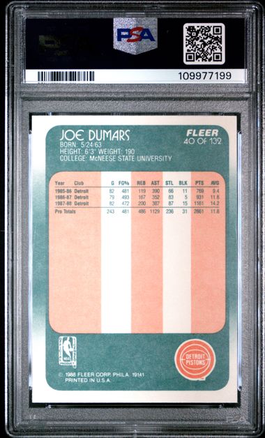 Graded 1988 Fleer Joe Dumars #40 Basketball Card PSA 8 NM-MT