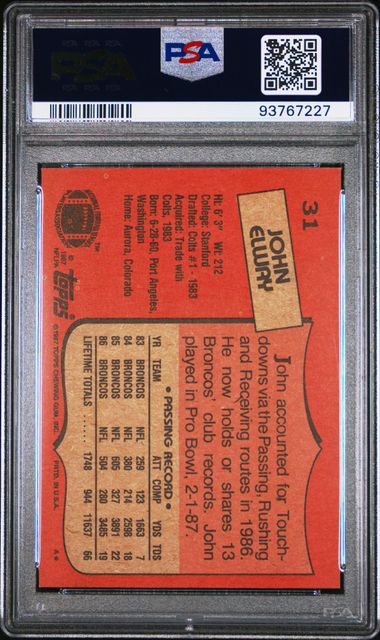 Graded 1987 Topps John Elway #31 Football Card PSA 9 Mint