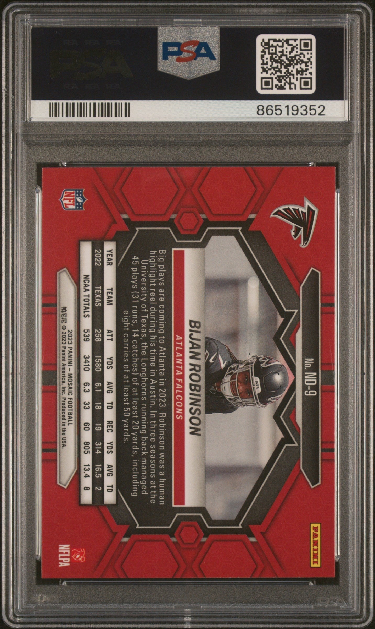Graded 2023 Panini Mosaic Bijan Robinson #ND9 NFL Debut Rookie RC Football Card PSA 10 Gem Mint