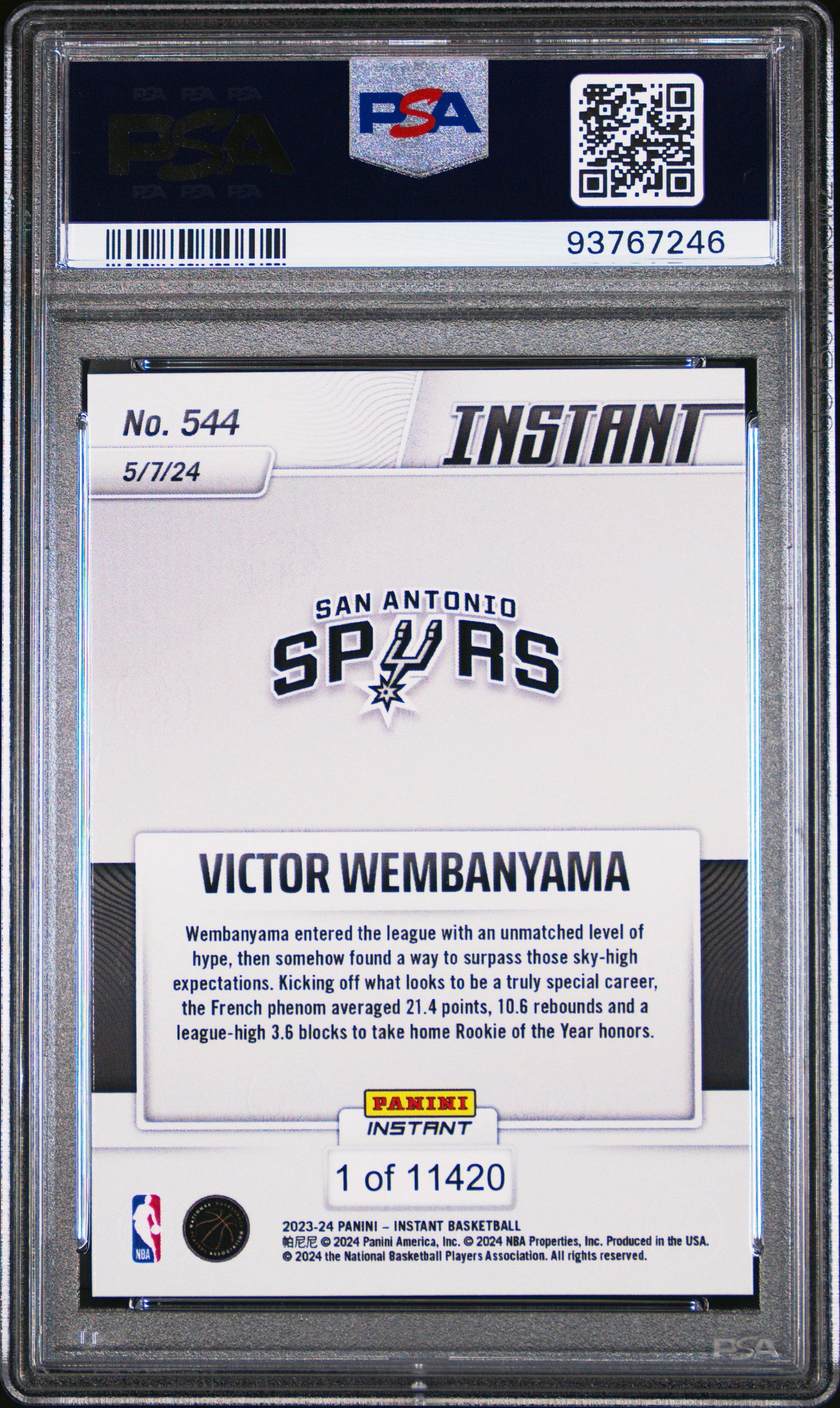 Graded 2023 Panini Instant Victor Wembanyama #544 Rookie RC Basketball Card PSA 10 Gem Mint
