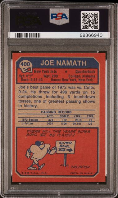 Graded 1973 Topps Joe Namath #400 Football Card PSA 8 NM-MT