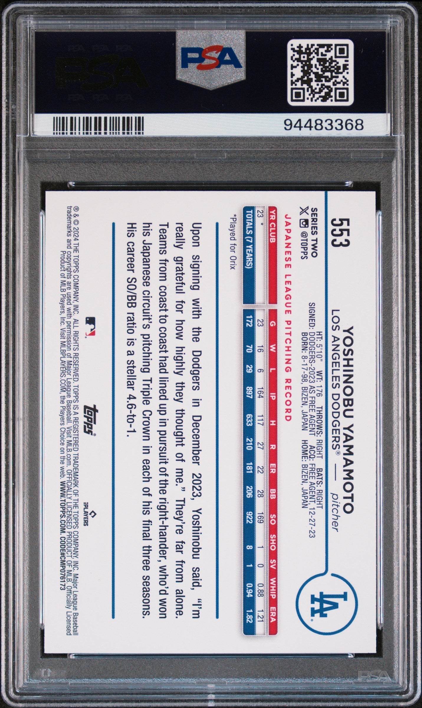 Graded 2024 Topps Yoshinobu Yamamoto #553 Rookie RC Baseball Card PSA 10 Gem Mint
