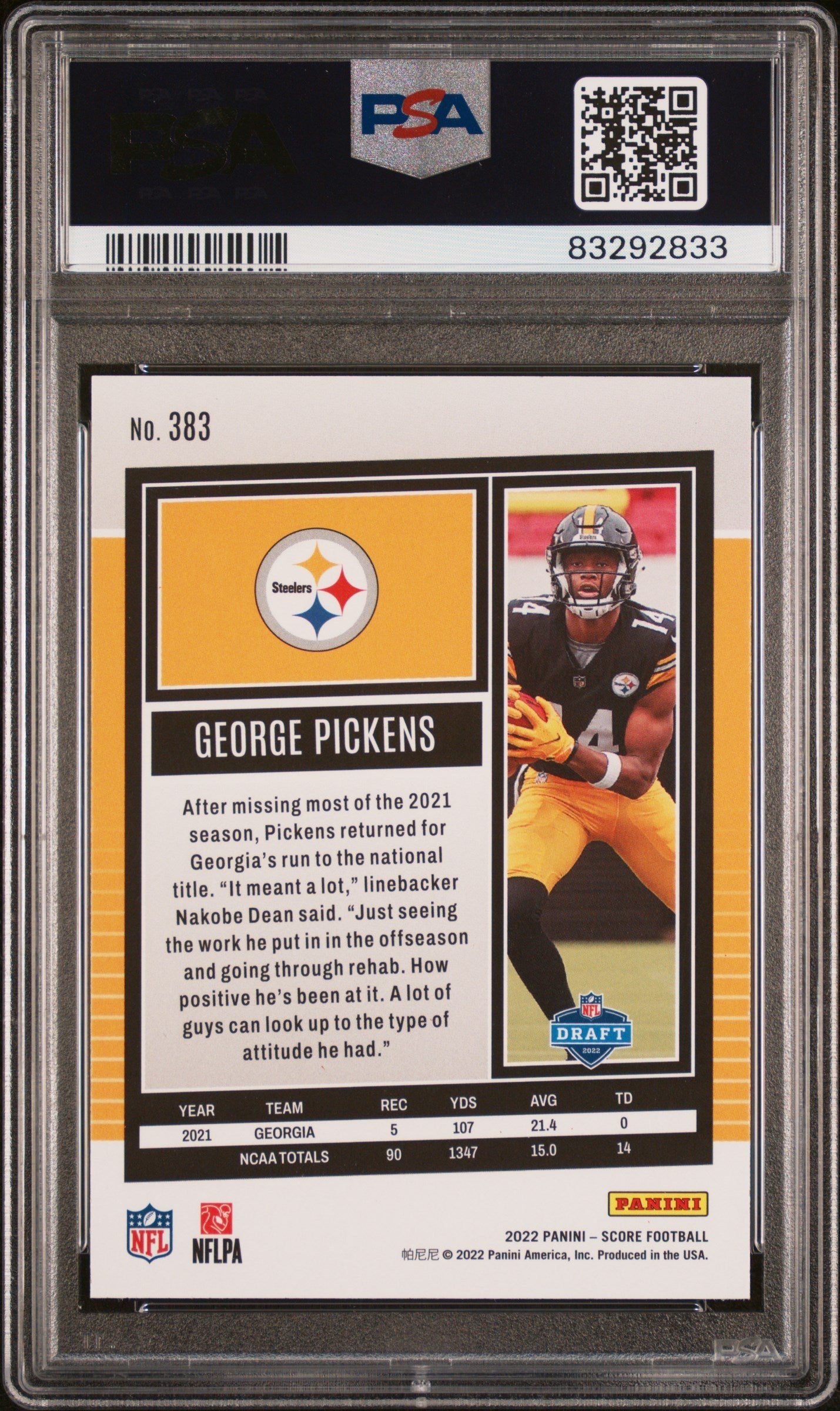 Graded 2022 Panini Score George Pickens #383 Rookie RC Football Card PSA 10 Gem Mint