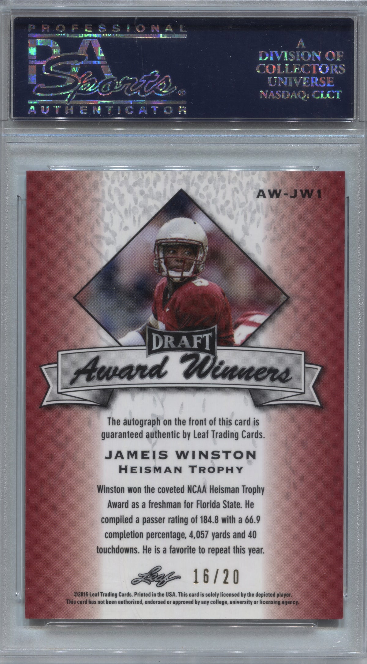 2015 Leaf Metal Draft Jameis Winston Award Winners Blue Auto /20 PSA 10 Rookie