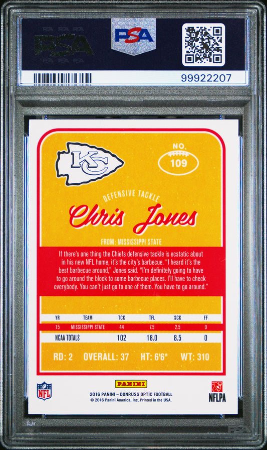 Graded 2016 Panini Donruss Optic Chris Jones #109 Rookie RC Football Card PSA 10 Gem Mint