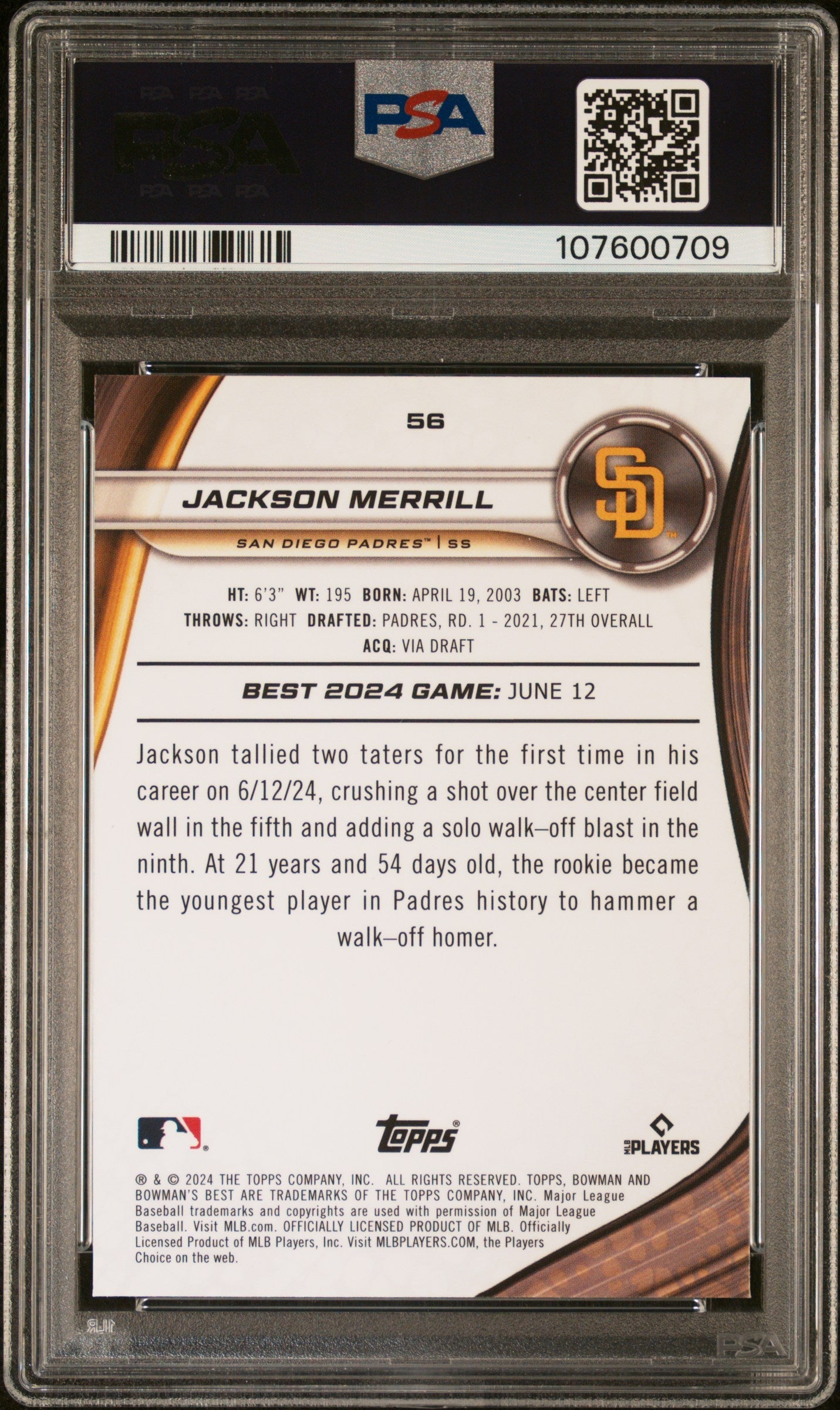 Graded 2024 Topps Bowmans Best Jackson Merrill #56 Wave Rookie RC Baseball Card PSA 10 Gem Mint
