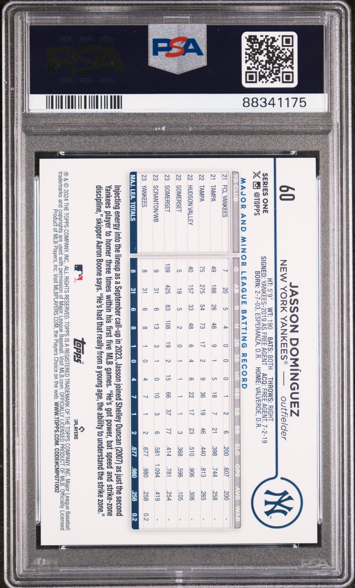 Graded 2024 Topps Jasson Dominguez #60 Rookie RC Baseball Card PSA 10 Gem Mint
