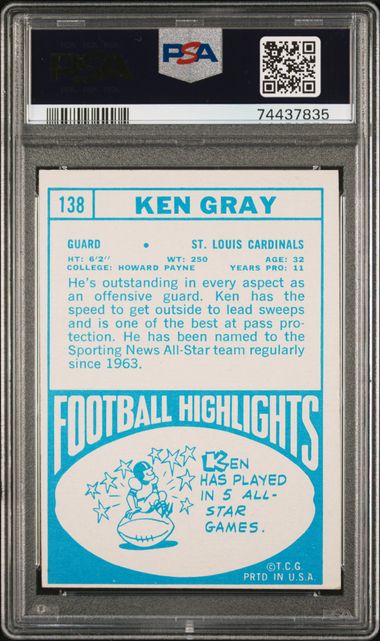 Graded 1968 Topps Ken Gray #138 Football Card PSA 5 Excellent