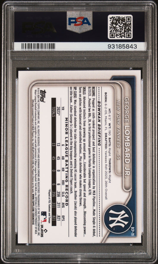 Graded 2024 Topps Bowman George Lombard Jr #BCP79 Chrome Prospects Lunar Glow Rookie RC Baseball Card PSA 10 Gem Mint
