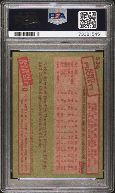 Graded 1985 Topps Kirby Puckett #536 Rookie RC Baseball Card PSA 6 EX-MT