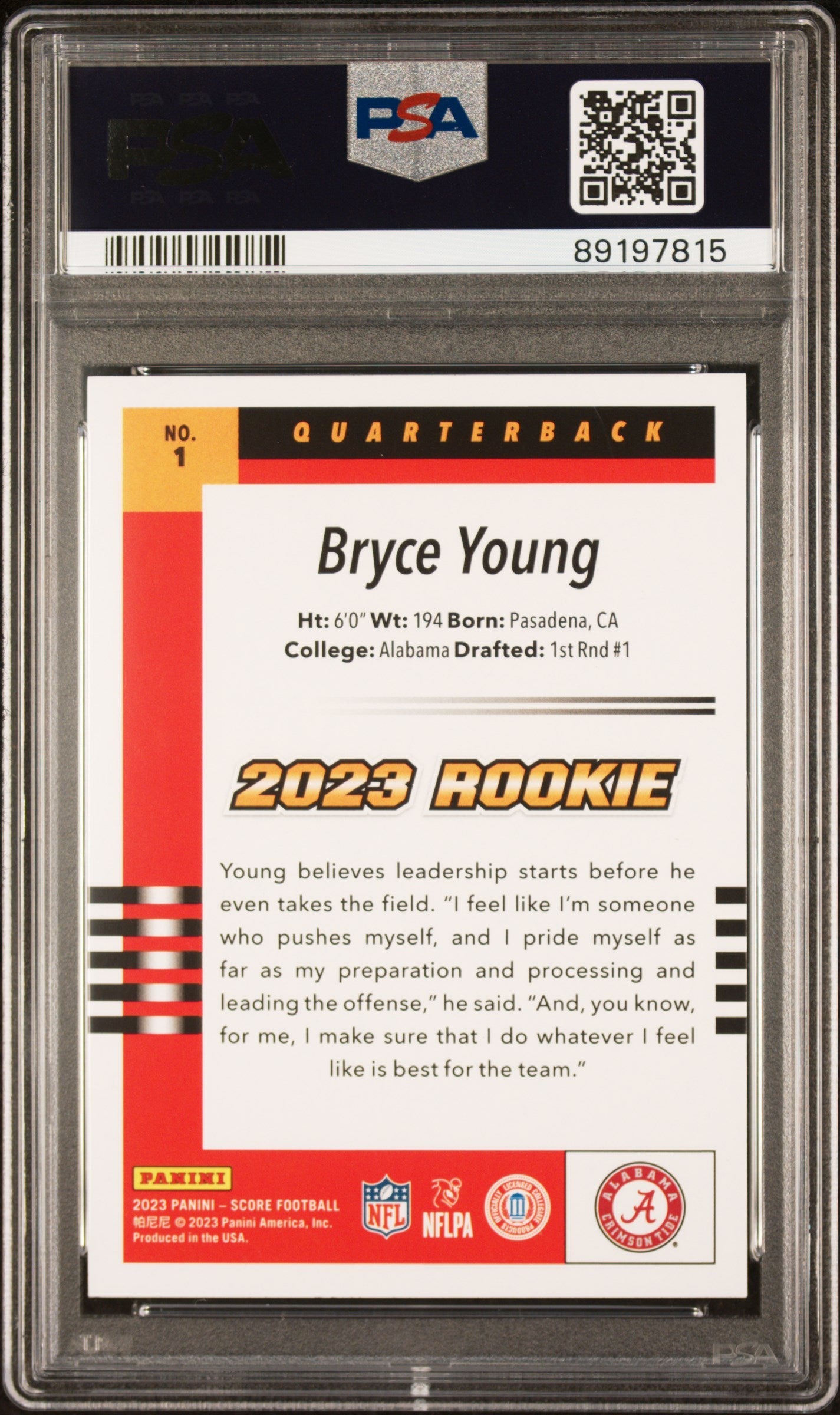 Graded 2023 Panini Score Bryce Young #1 2003 Throwback Rookie Rookie RC Football Card PSA 8 Near Mint