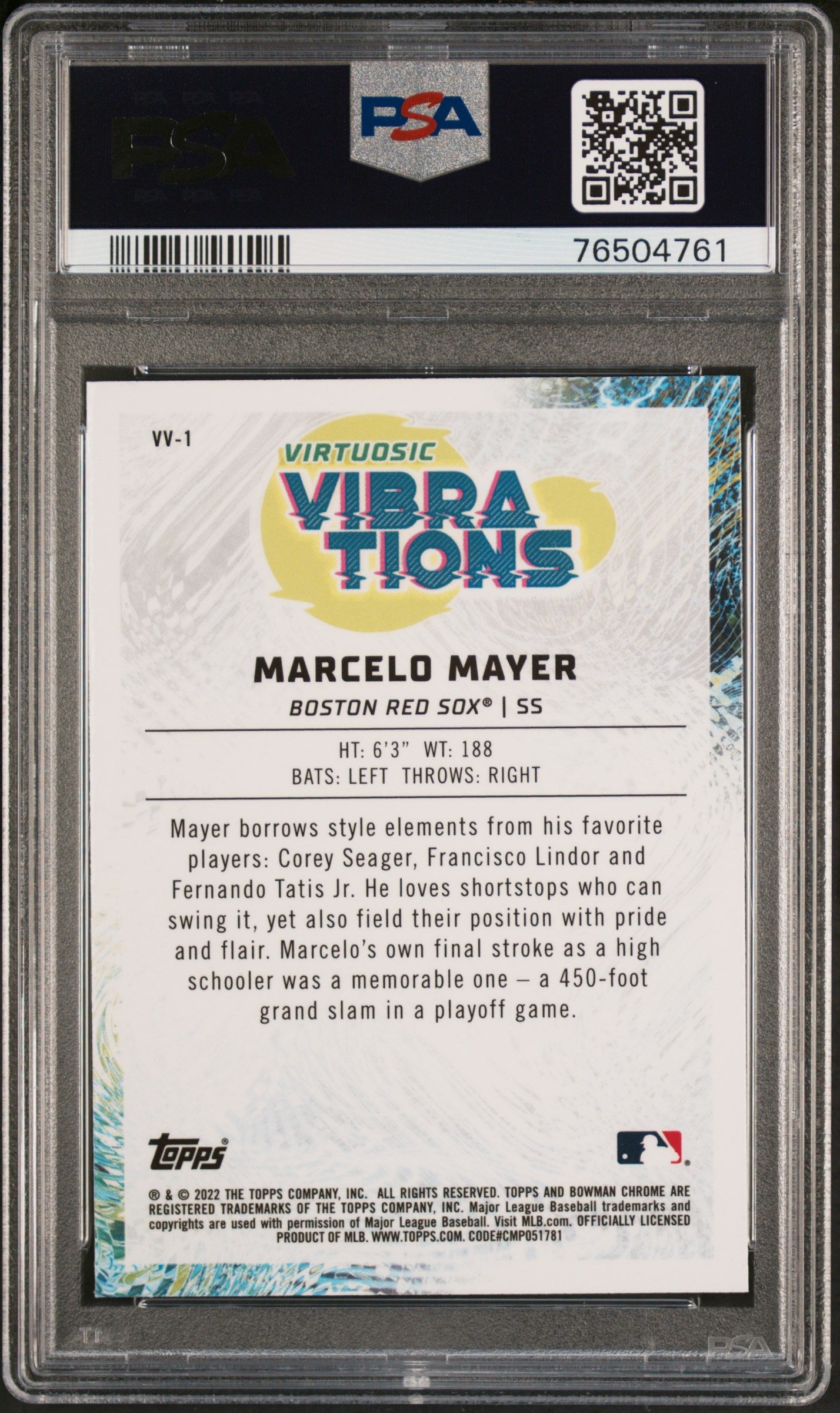 Graded 2022 Topps Bowman Marcelo Mayer #VV1 Chrome Virtuosic Vibrations Rookie RC Baseball Card PSA 10 Gem Mint