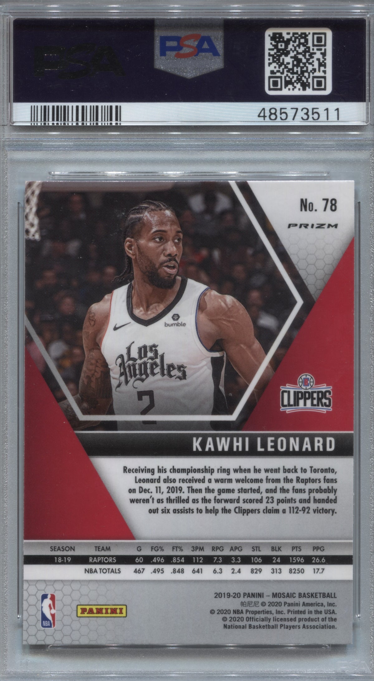 2019-20 Panini Mosaic Kawhi Leonard Reactive Orange Prizm #78 PSA 10