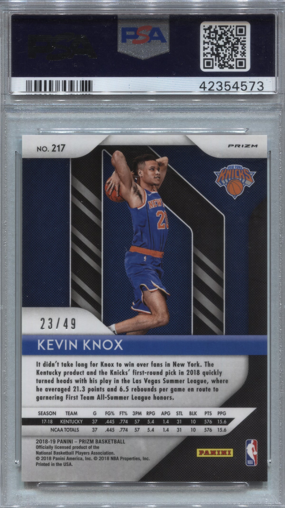 2018-19 Panini Prizm Kevin Knox Orange Prizm Rookie /49 #217 PSA 10