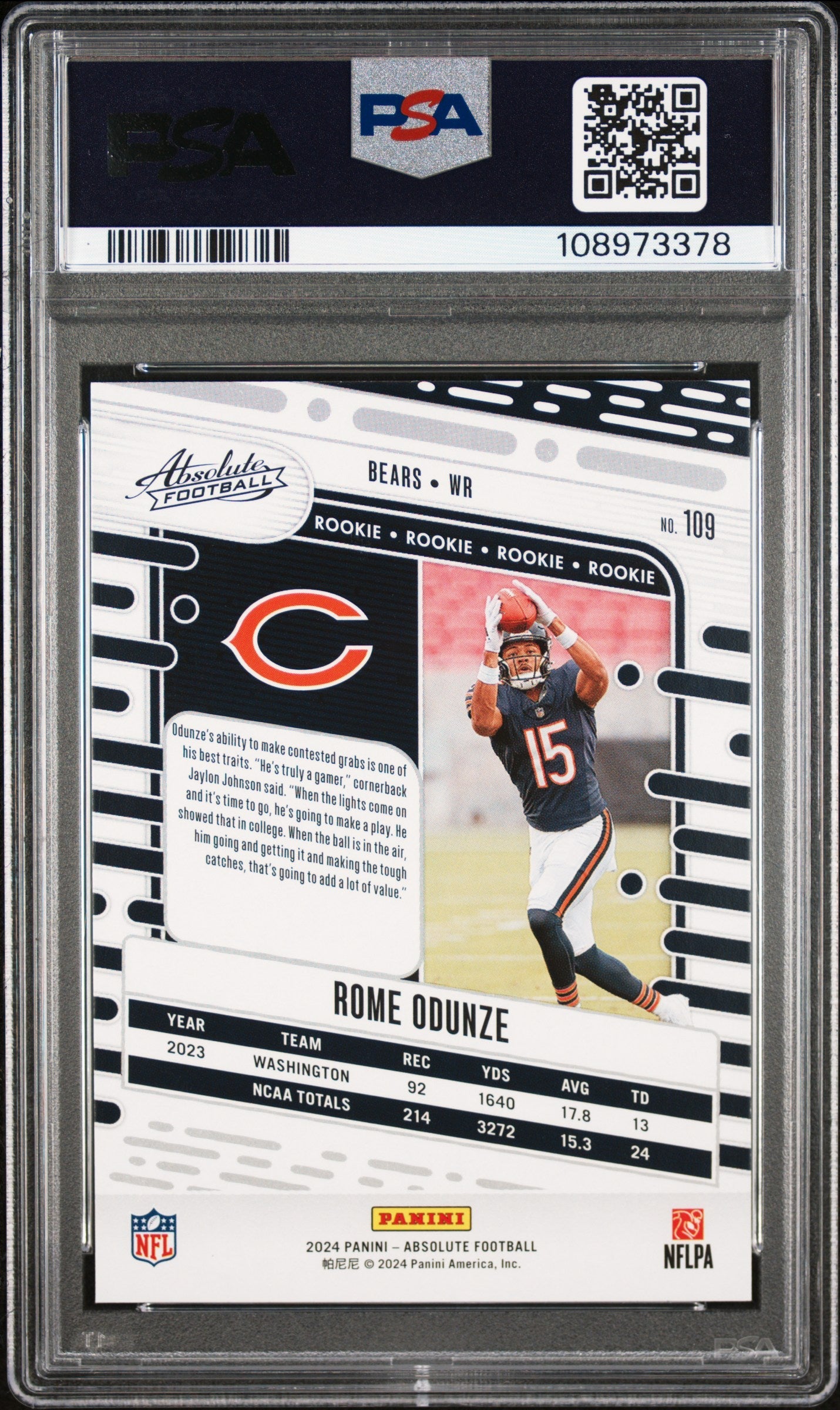 Graded 2024 Panini Absolute Rome Odunze #109 Rookie RC Football Card PSA 9 Mint