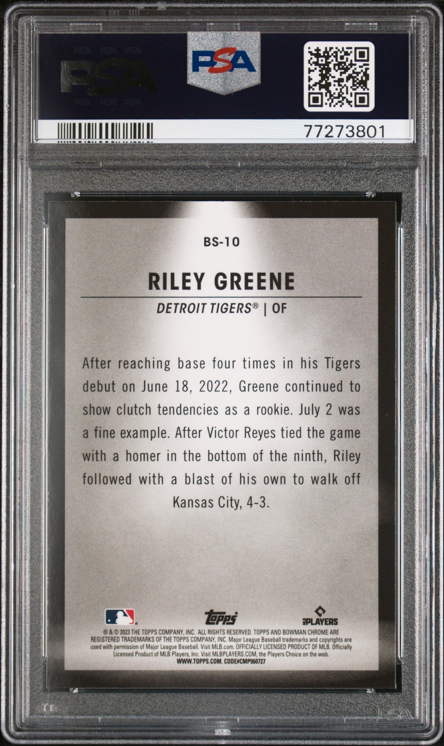 Graded 2023 Topps Bowman Riley Greene #BS10 Spotlights Rookie RC Baseball Card PSA 10 Gem Mint
