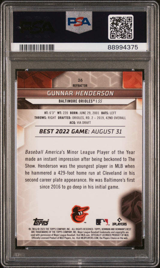 Graded 2023 Topps Bowmans Best Gunnar Henderson #26 Refractor Rookie RC Baseball Card PSA 10 Gem Mint