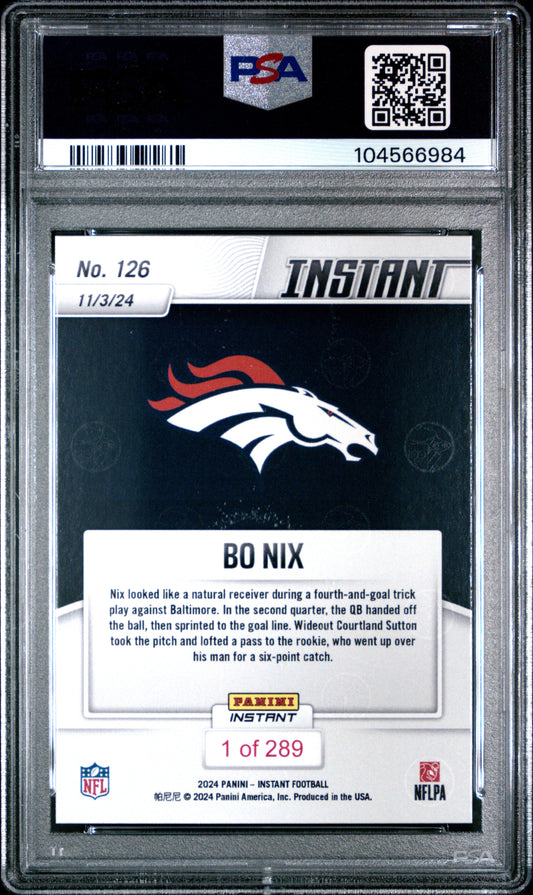 Graded 2024 Panini Instant NFL Bo Nix #126 Rookie RC Football Card PSA 9 Mint