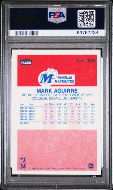 Graded 1986 Fleer Mark Aguirre #3 Rookie RC Basketball Card PSA 9 Mint