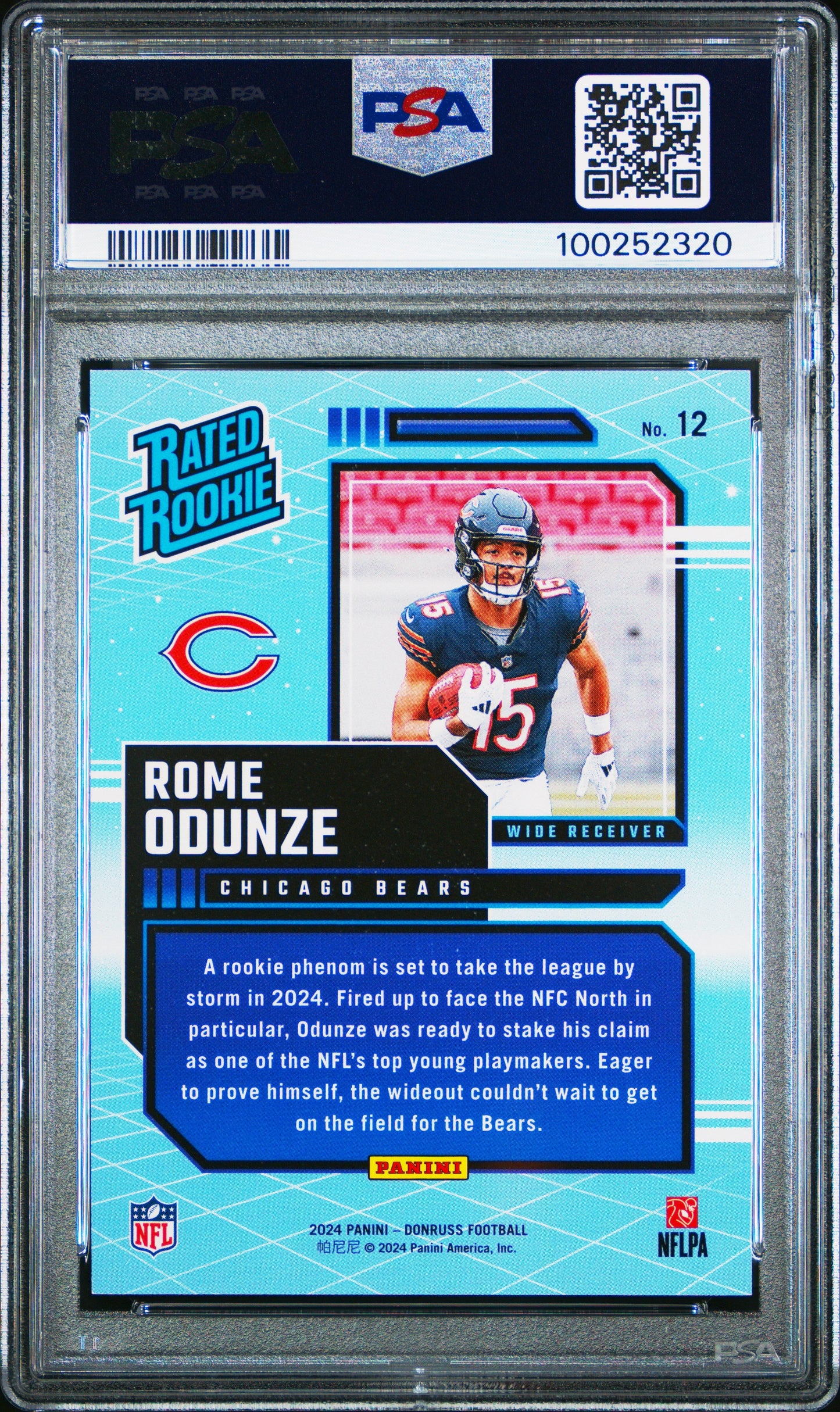 Graded 2024 Panini Donruss Rome Odunze #12 Rated Rookies Retro Rookie RC Football Card PSA 10 Gem Mint