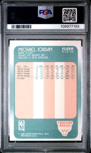 Graded 1988 Fleer Michael Jordan #17 3rd Year Basketball Card PSA 6 EX-MT