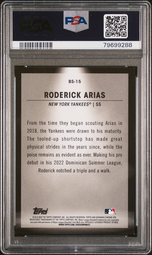 Graded 2023 Topps Bowman Roderick Arias #BS15 Spotlights Aqua Refractor #/125 Rookie RC Baseball Card PSA 10 Gem Mint