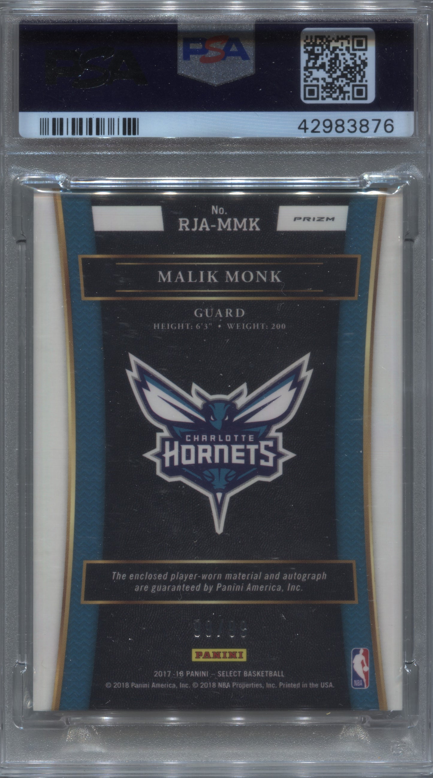 2017-18 Panini Select Malik Monk Purple Rookie Jersey Auto /99 #RJA-MMK PSA 10