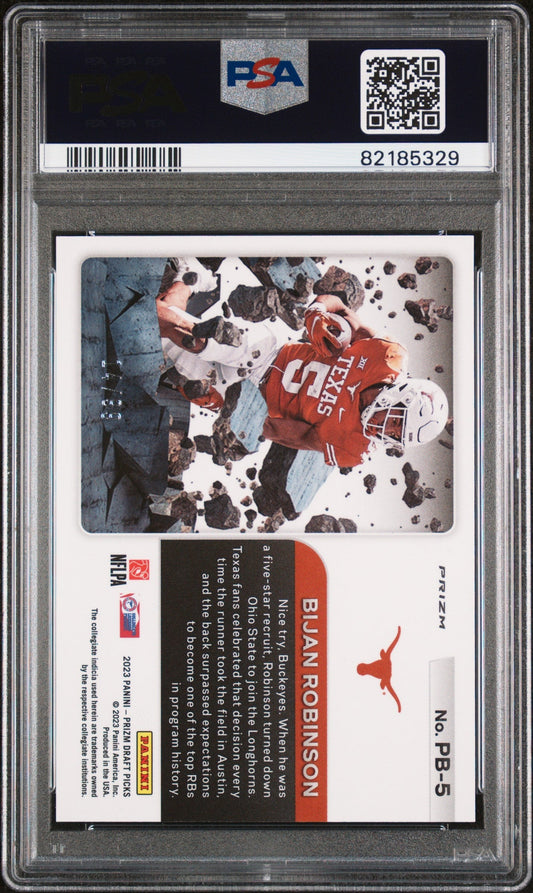 Graded 2023 Panini Prizm Draft Picks Bijan Robinson #PB5 Prizm Break Blue Ice #/99 Rookie RC Football Card PSA 10 Gem Mint