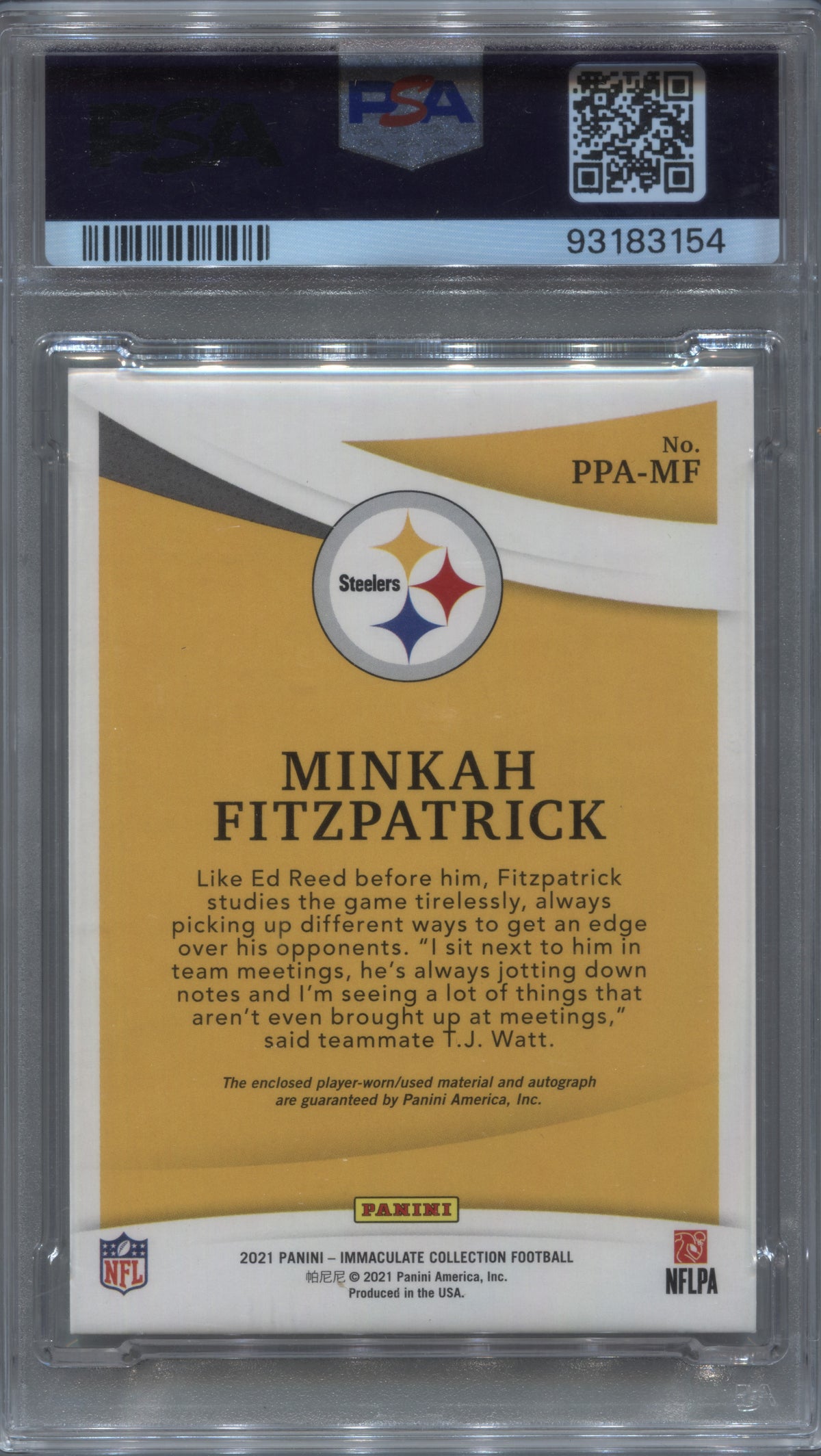 2022 Immaculate Minkah Fitzpatrick 2021 Update Patch Auto /99 PSA 10 Steelers