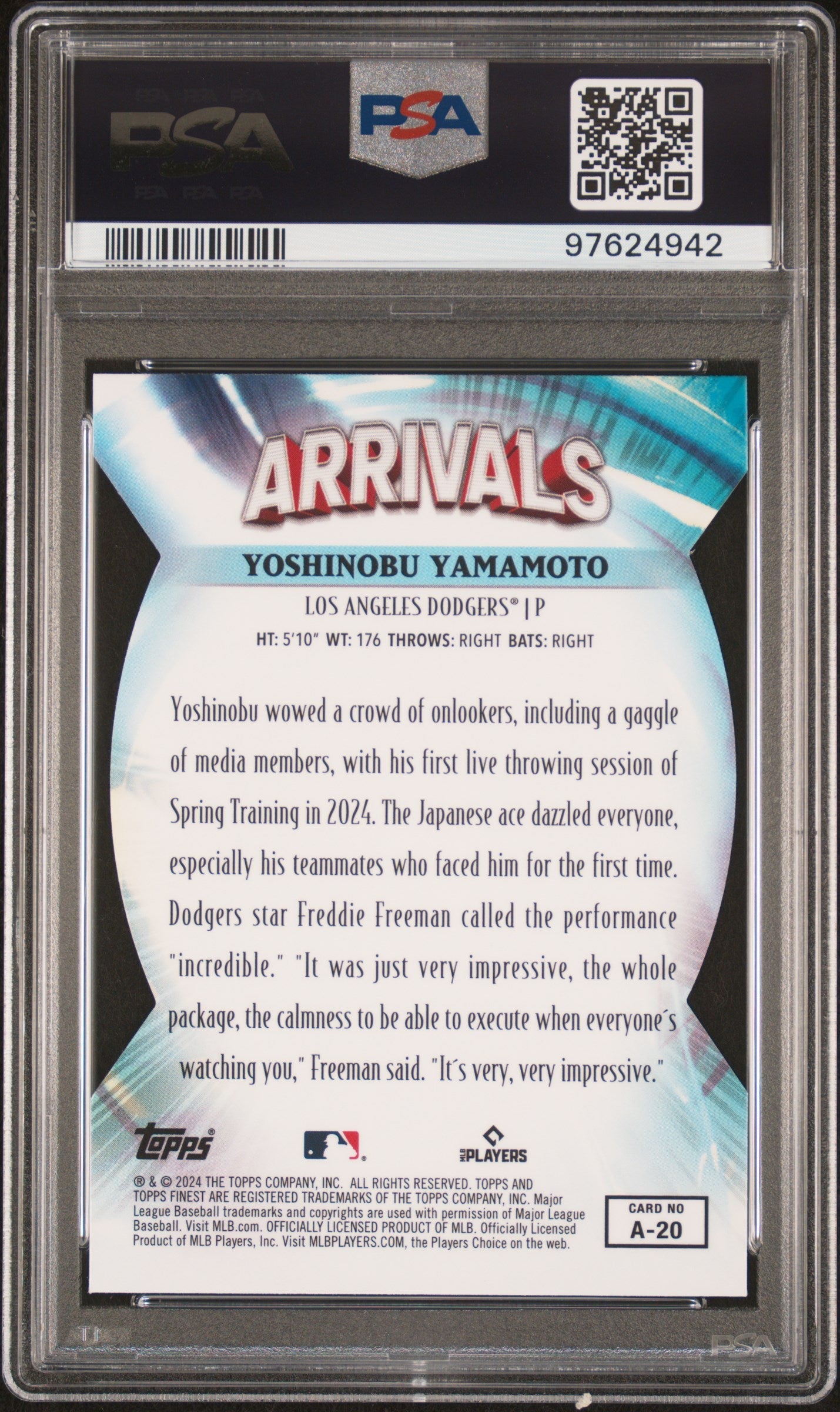 Graded 2024 Topps Finest Yoshinobu Yamamoto #A20 Arrivals Rookie RC Baseball Card PSA 10 Gem Mint