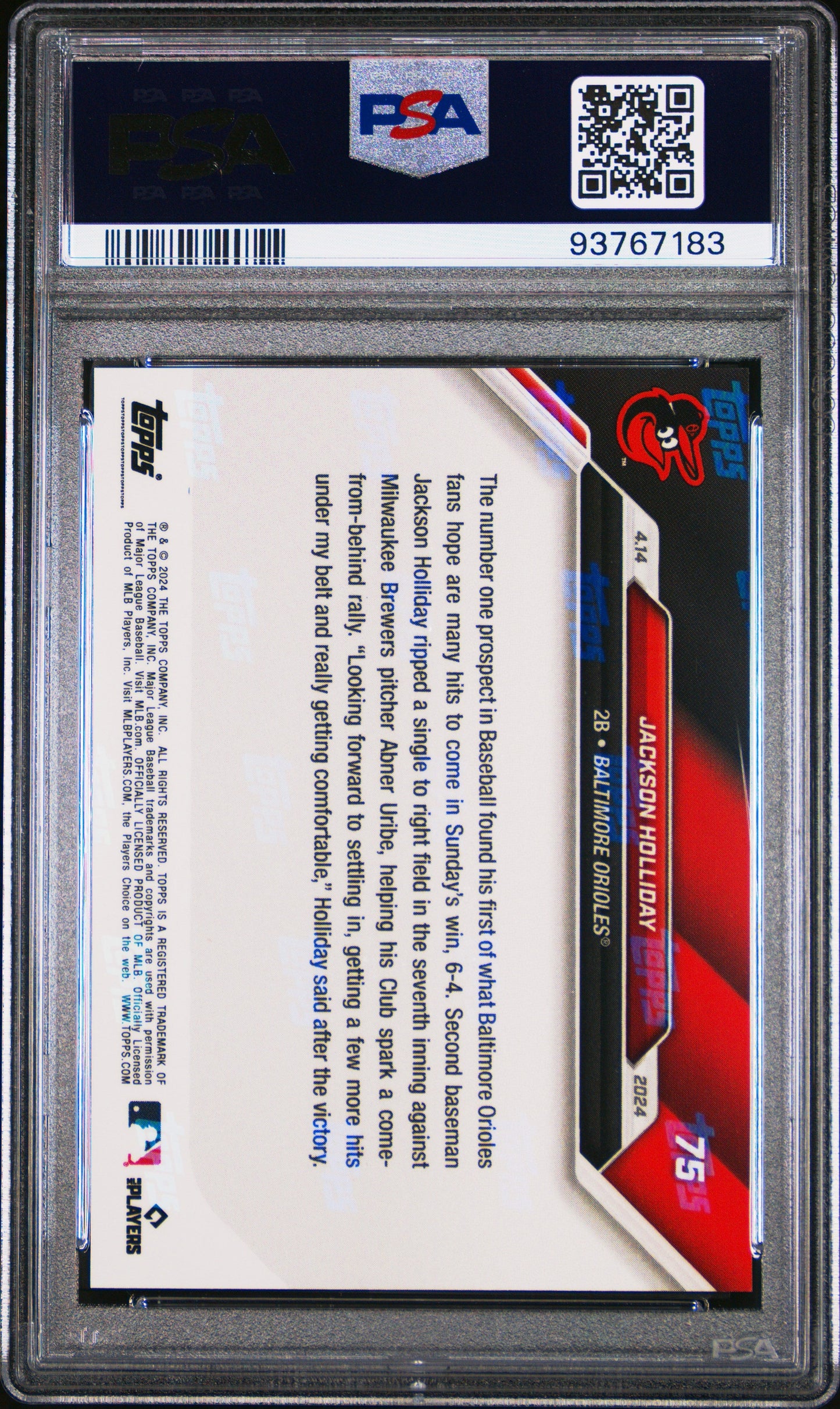 Graded 2024 Topps Now Jackson Holliday #75 1st Career Hit Rookie RC Baseball Card PSA 10 Gem Mint