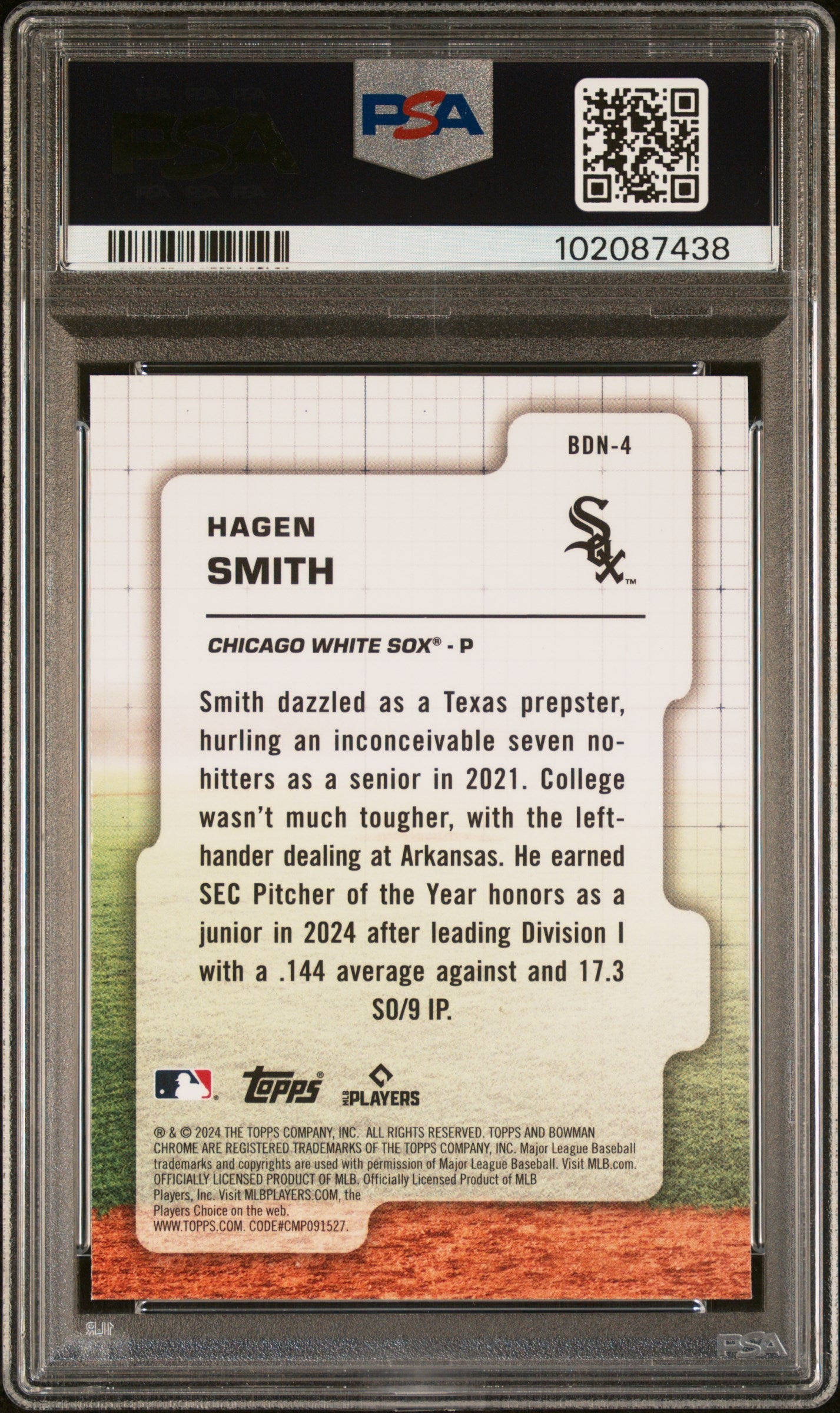 Graded 2024 Topps Bowman Draft Hagen Smith #BDN4 Draft Night Rookie RC Baseball Card PSA 10 Gem Mint