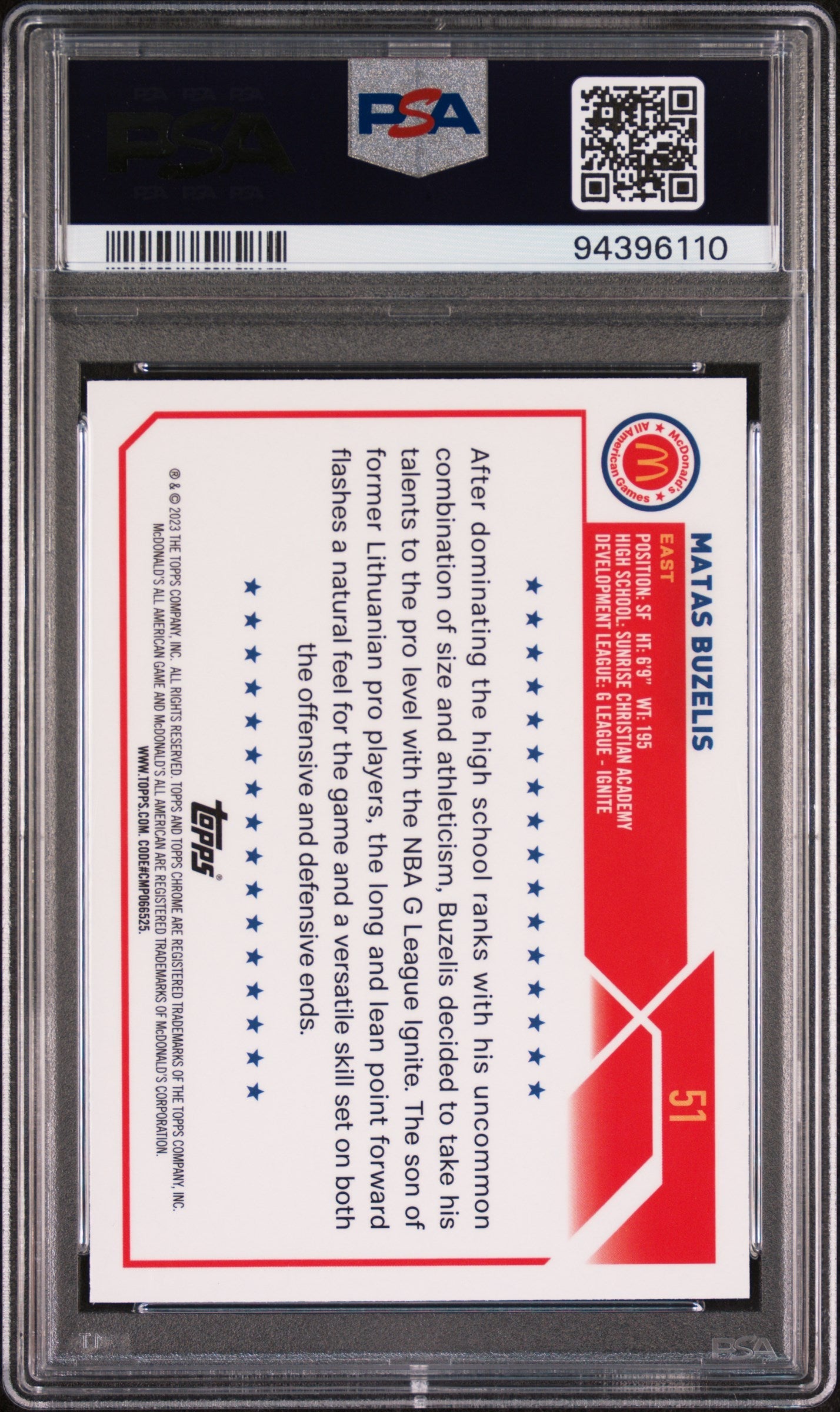 Graded 2023 Topps Chrome Matas Buzelis #51 McDonalds All American Rookie RC Basketball Card PSA 10 Gem Mint
