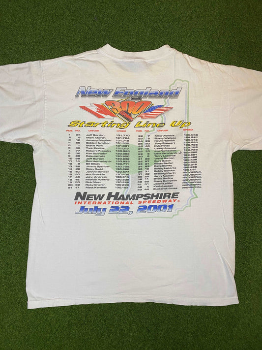 2001 New England 300 - Double Sided - Vintage NASCAR Tee Shirt (Large) - Gametime Vintage