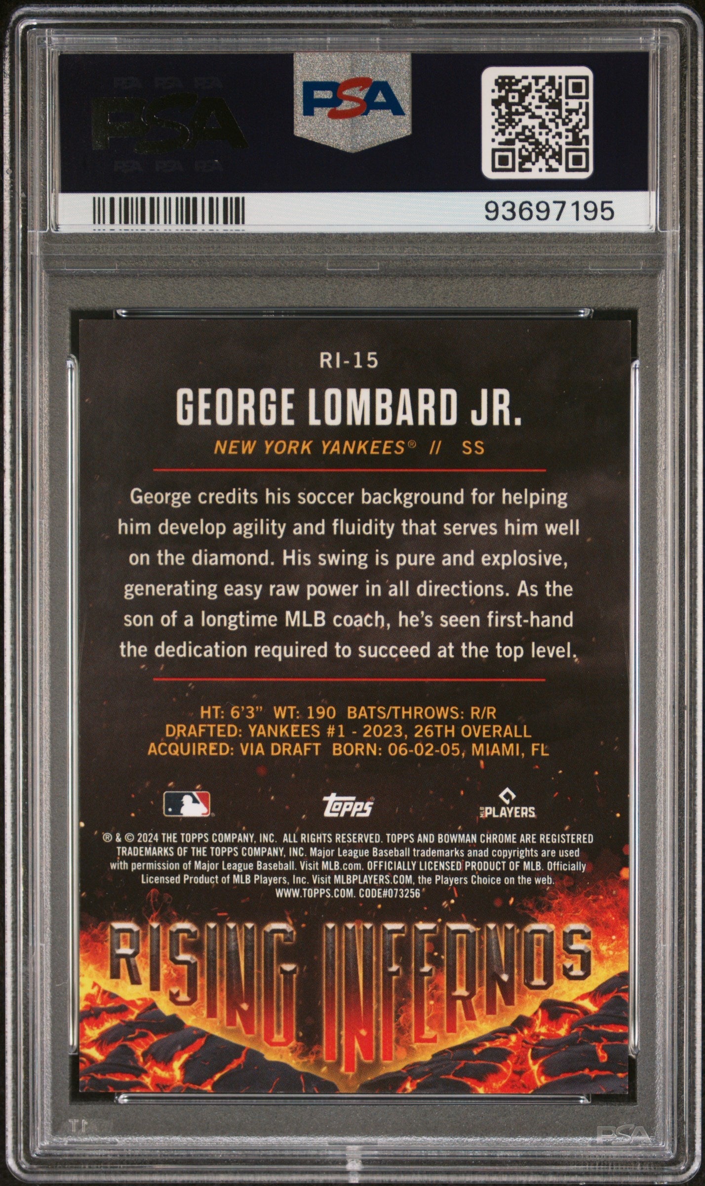 Graded 2024 Topps Bowman George Lombard Jr #RI15 Rising Infernos Aqua #/125 Rookie RC Baseball Card PSA 10 Gem Mint