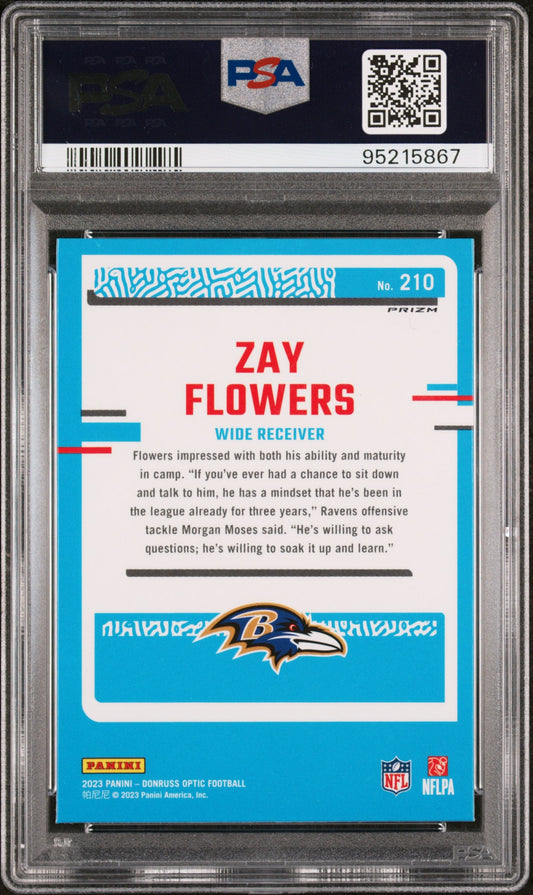 Graded 2023 Panini Donruss Optic Zay Flowers #210 Purple Shock Rookie RC Football Card PSA 10 Gem Mint
