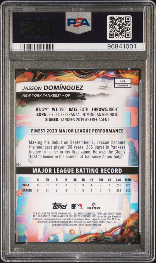 Graded 2024 Topps Finest Jasson Dominguez #83 Purple Refractor #/250 Rookie RC Baseball Card PSA 10 Gem Mint