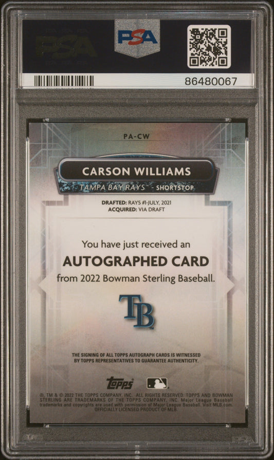Graded 2022 Topps Bowmans Sterling Carson Williams #PACW Prospects Autographs Rookie RC Baseball Card PSA 10 Gem Mint