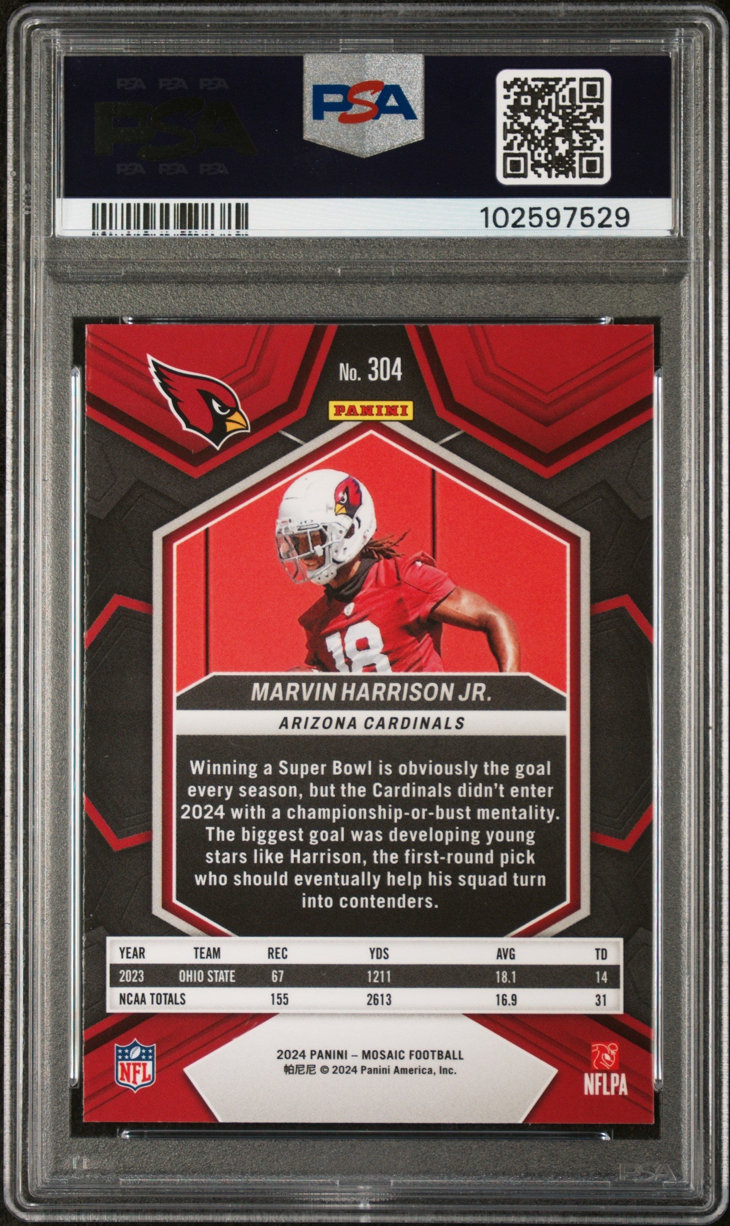 Graded 2024 Panini Mosaic Marvin Harrison Jr #304 Rookie RC Football Card PSA 10 Gem Mint