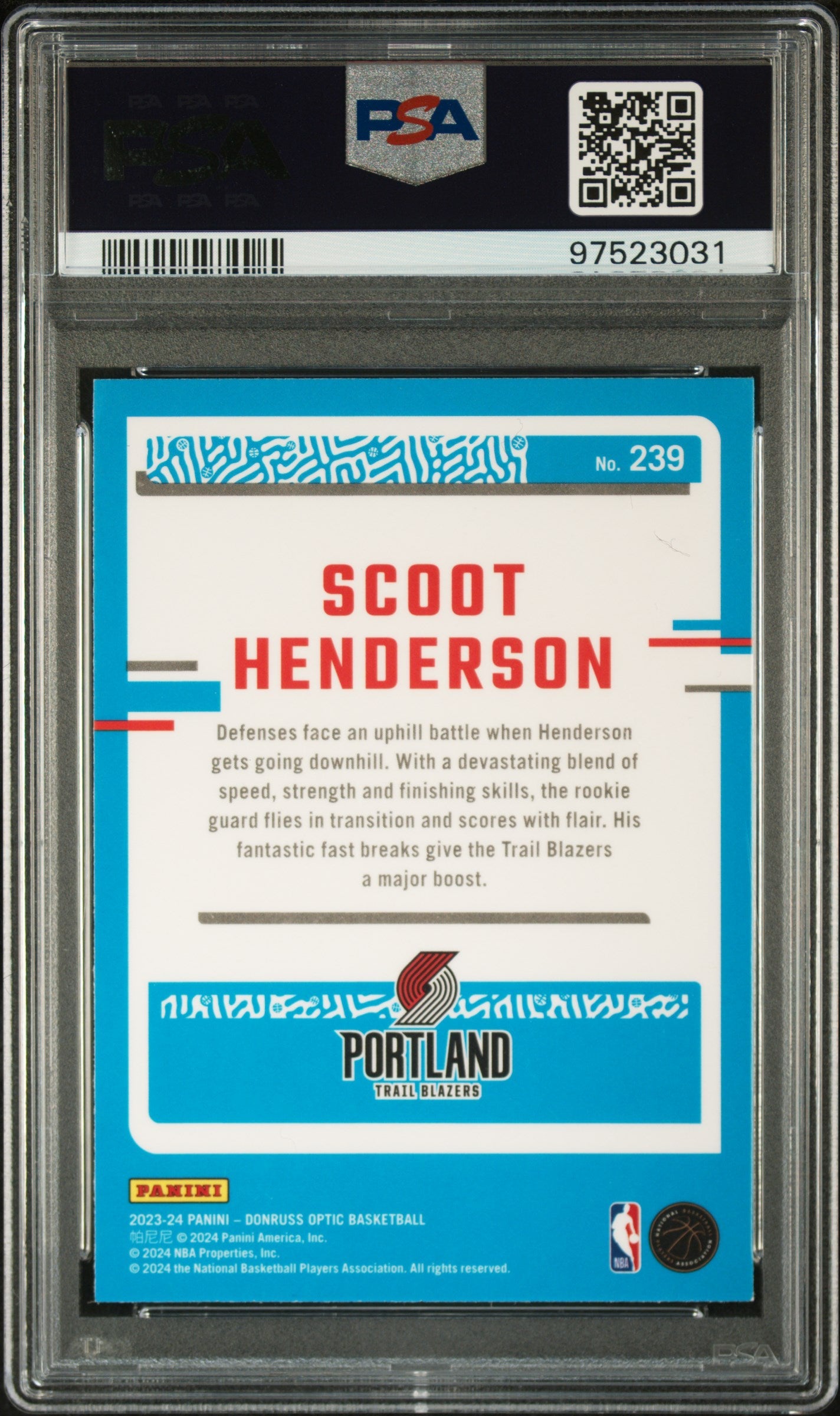 Graded 2023 Panini Donruss Optic Scoot Henderson #239 Rookie RC Basketball Card PSA 10 Gem Mint
