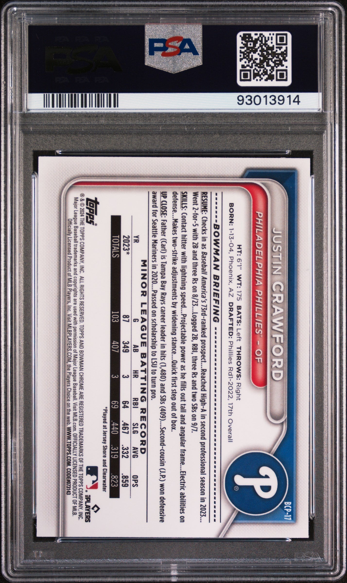 Graded 2024 Topps Bowman Justin Crawford #BCP17 Chrome Prospects Lunar Glow Rookie RC Baseball Card PSA 10 Gem Mint