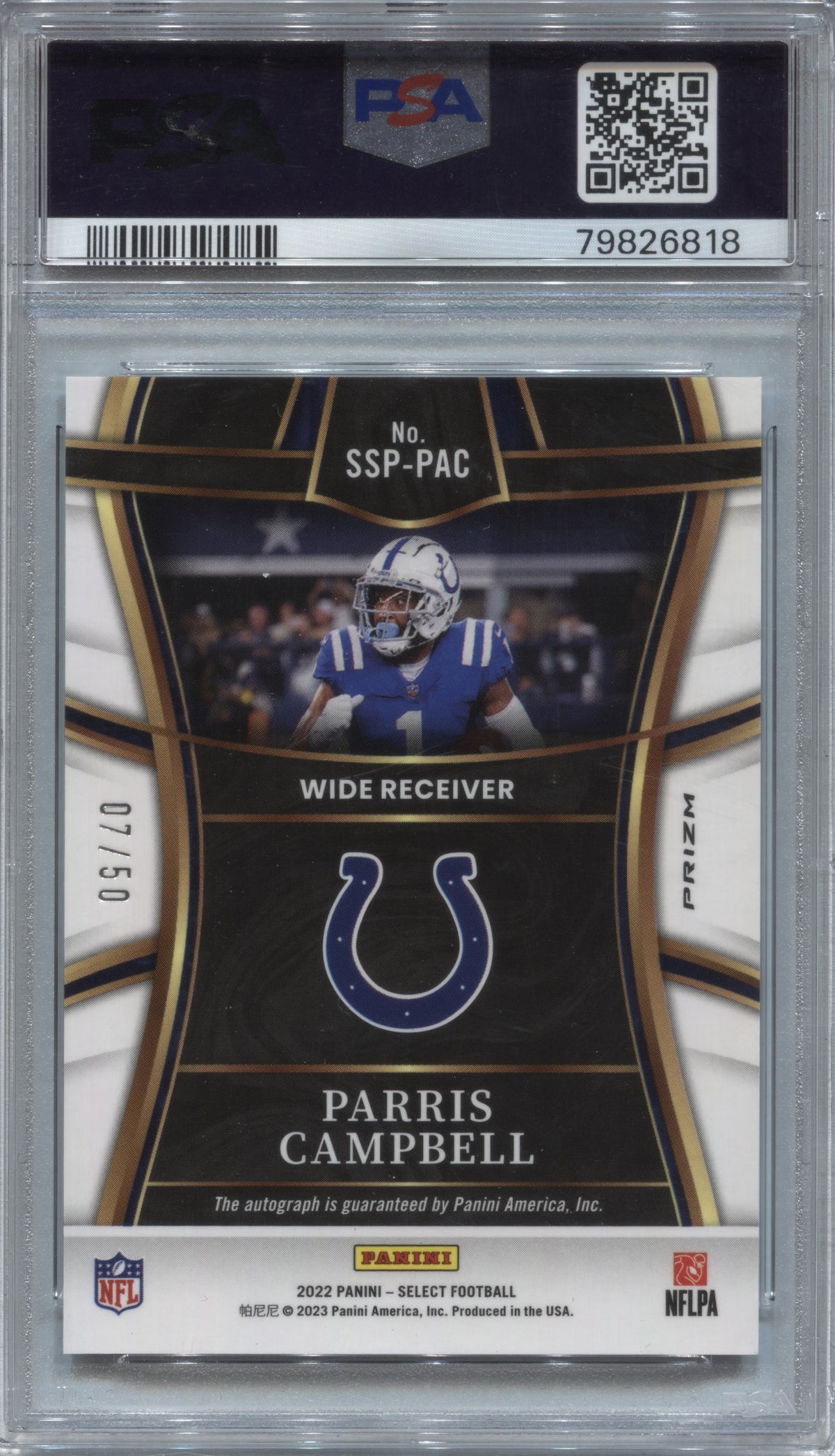 2022 Select Parris Campbell White Prizm Auto /50 PSA 10 Auto 10 Colts