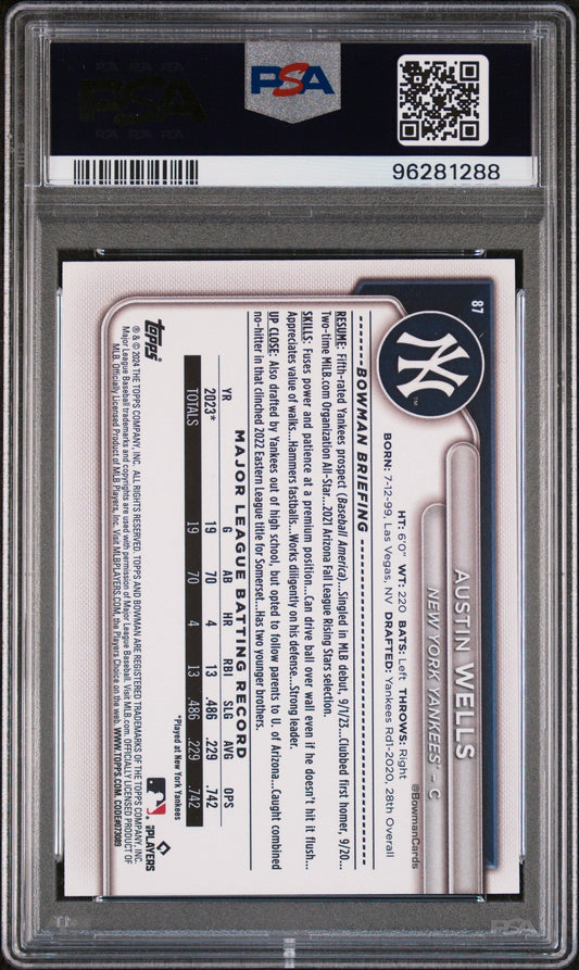 Graded 2024 Topps Bowman Austin Wells #87 Sky Blue #/499 Rookie RC Baseball Card PSA 10 Gem Mint