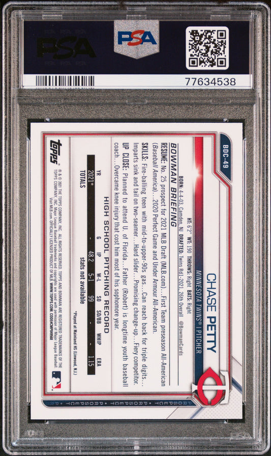 Graded 2021 Topps Bowman Draft Chase Petty #BDC49 Chrome Asia Refractor Rookie RC Baseball Card PSA 10 Gem Mint