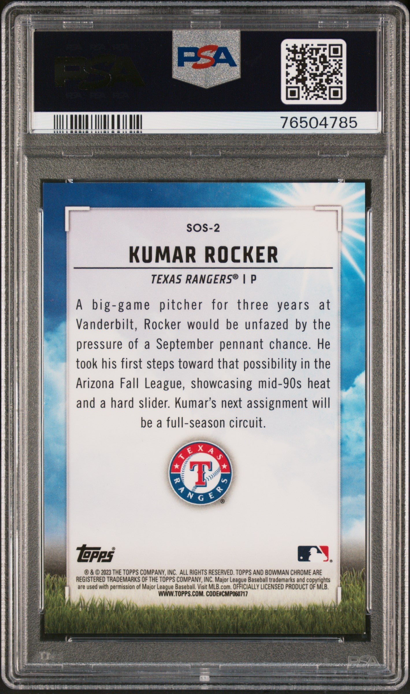 Graded 2023 Topps Bowman Kumar Rocker #SOS2 Sights on September Gold Refractor #/50 Rookie RC Baseball Card PSA 10 Gem Mint