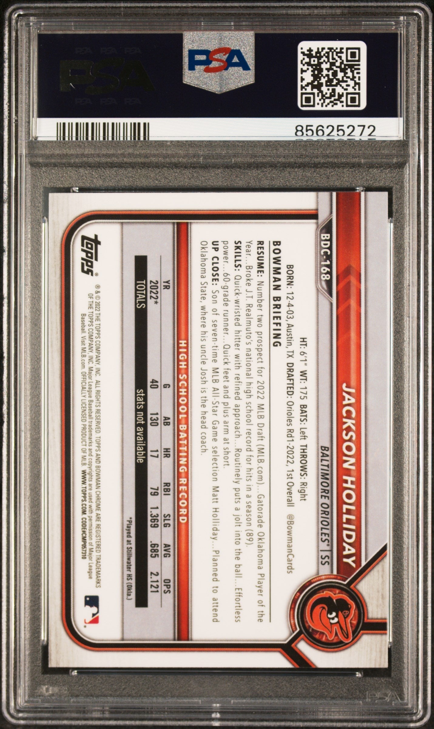 Graded 2022 Topps Bowman Draft Jackson Holliday #BDC168 Chrome Rookie RC Baseball Card PSA 10 Gem Mint