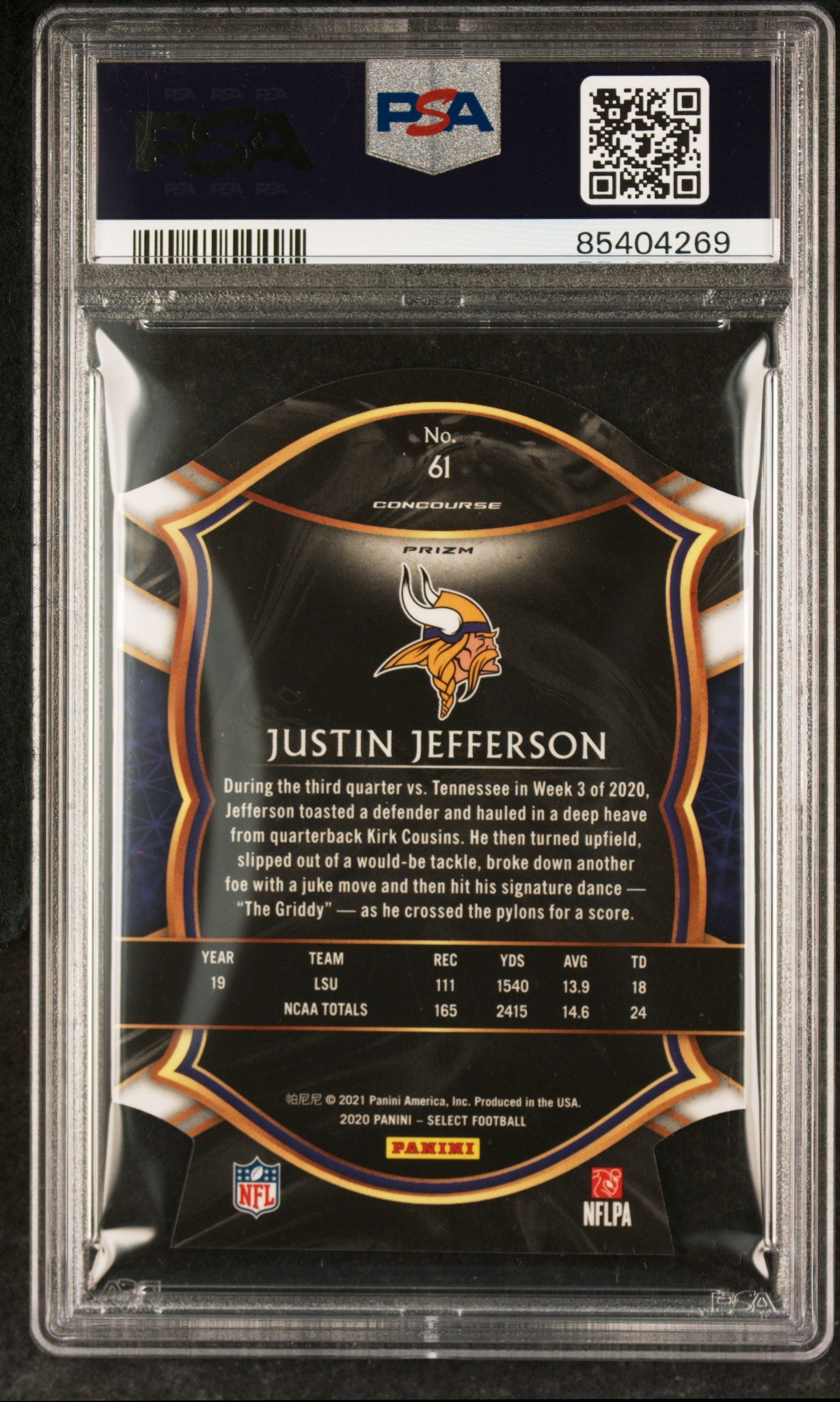 Graded 2020 Panini Select Justin Jefferson #61 Die Cut Purple Prizm Rookie RC Football Card PSA 10 Gem Mint