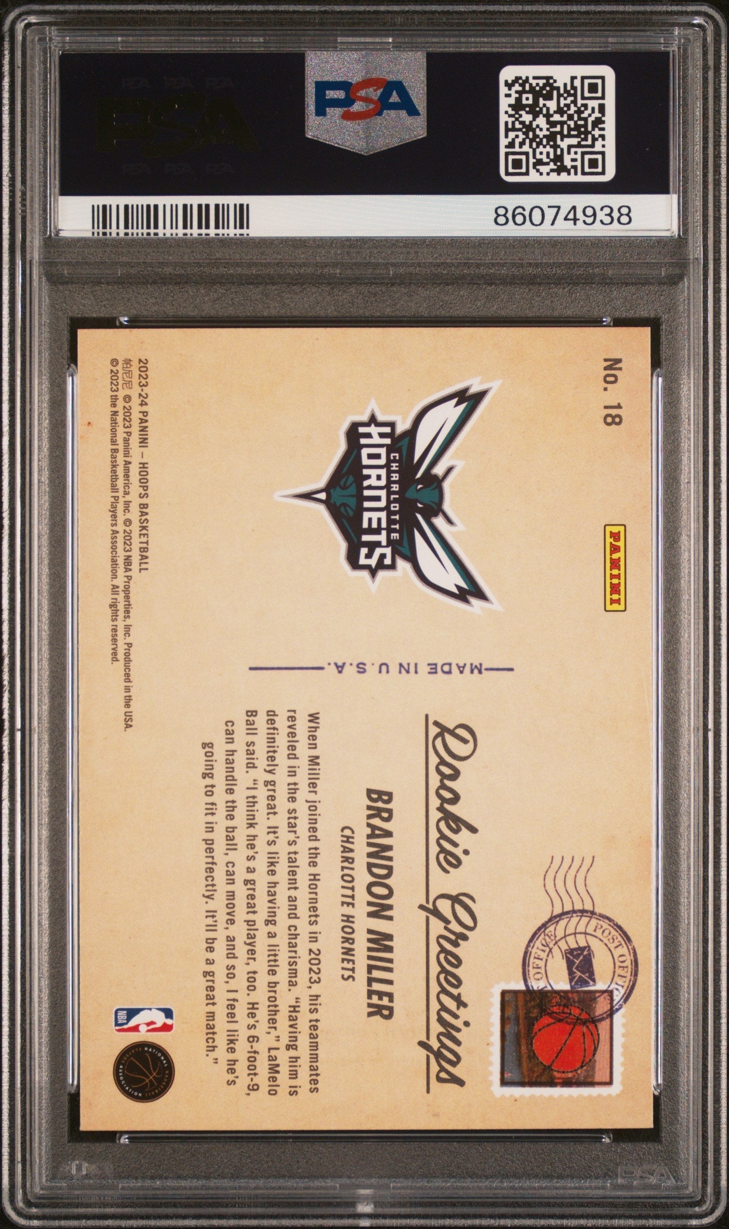 Graded 2023 Panini NBA Hoops Brandon Miller #18 Rookie Greetings Winter Holo Rookie RC Basketball Card PSA 10 Gem Mint